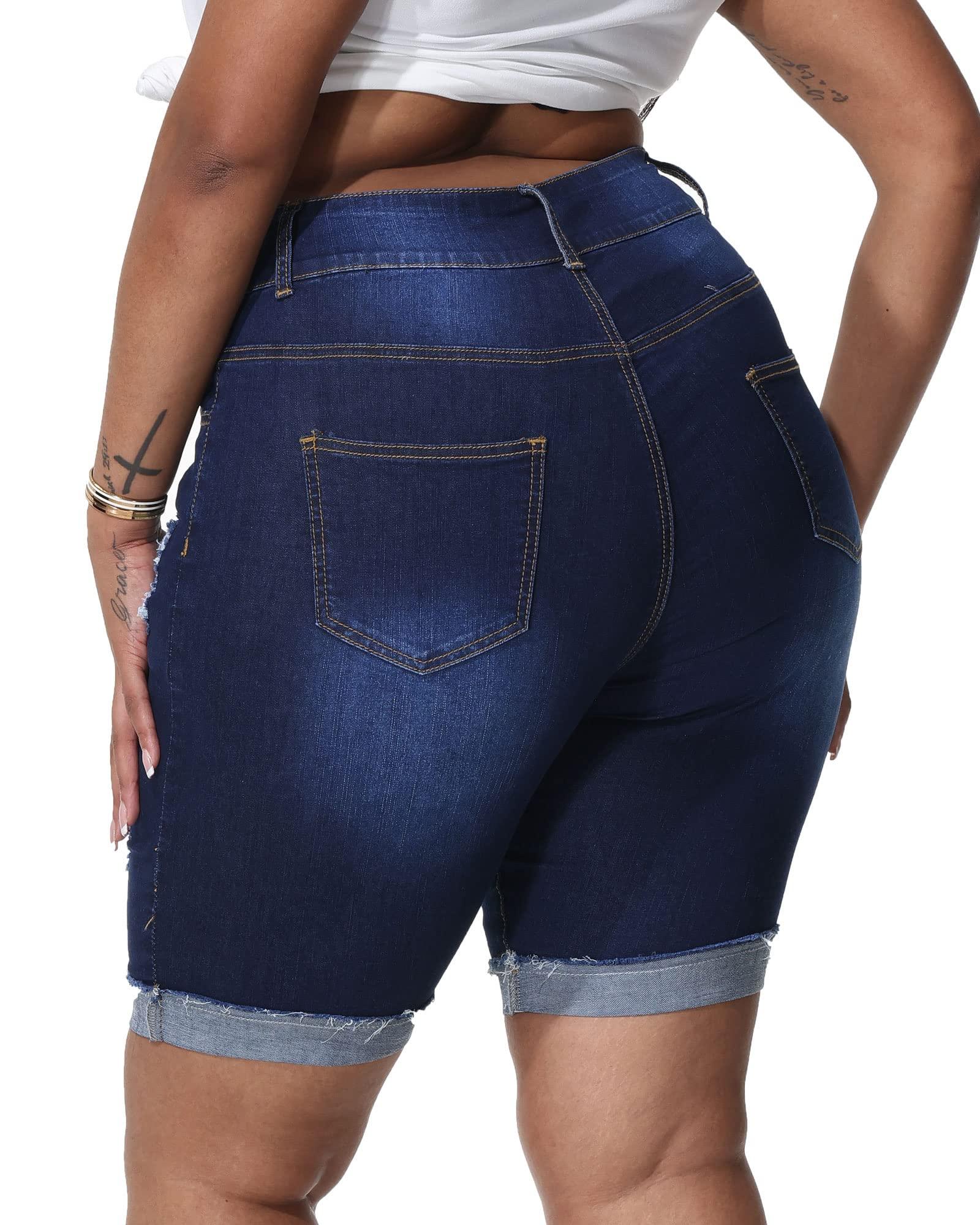 Gboomo Jean Shorts for Women Plus Size High Waisted Bermuda Denim Shorts Distressed Rolled Hem Short Jeans Dark Blue 20W - Bona Fide Fashion