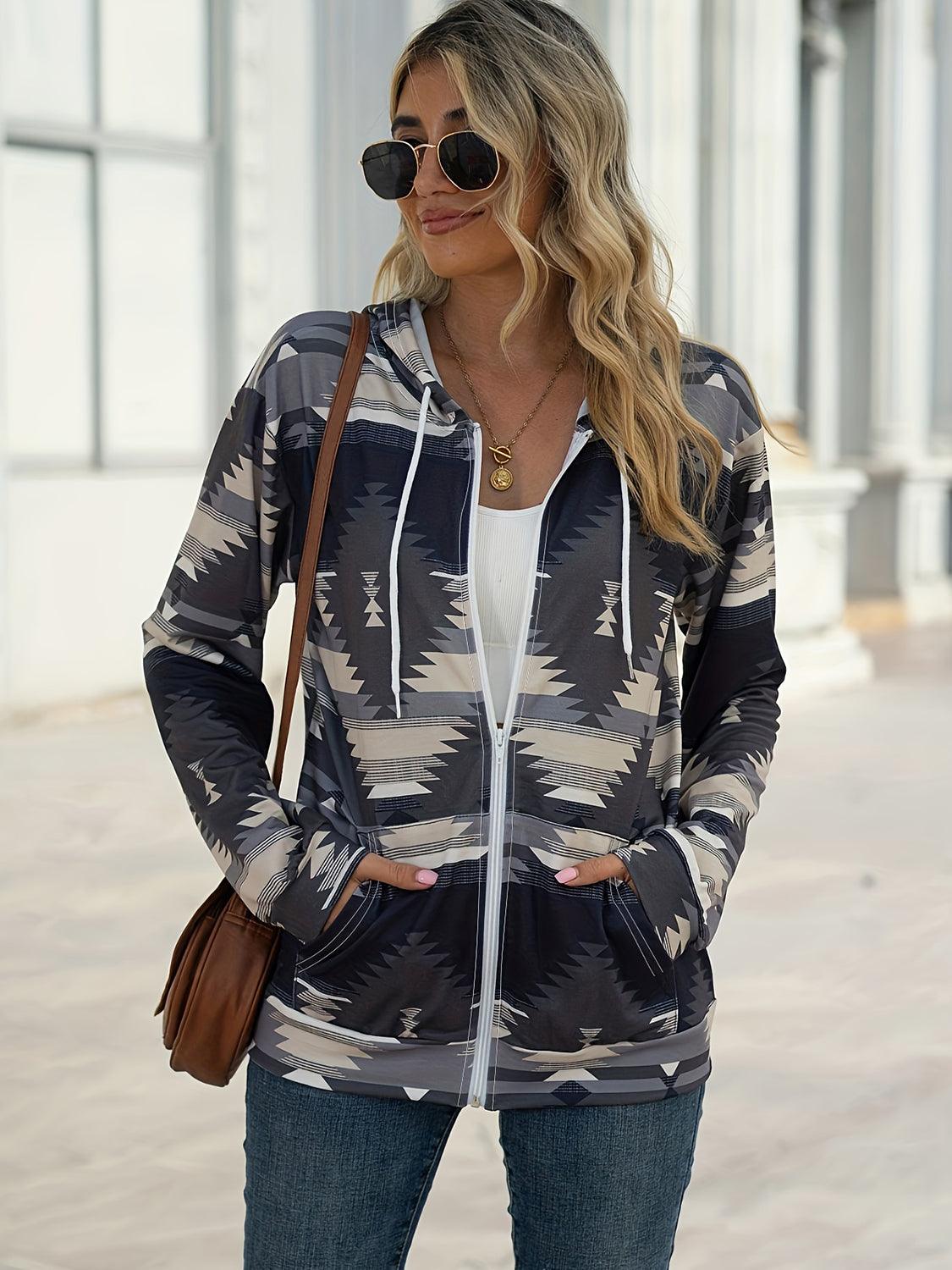 Geometric Zip Up Long Sleeve Hooded Jacket - Bona Fide Fashion