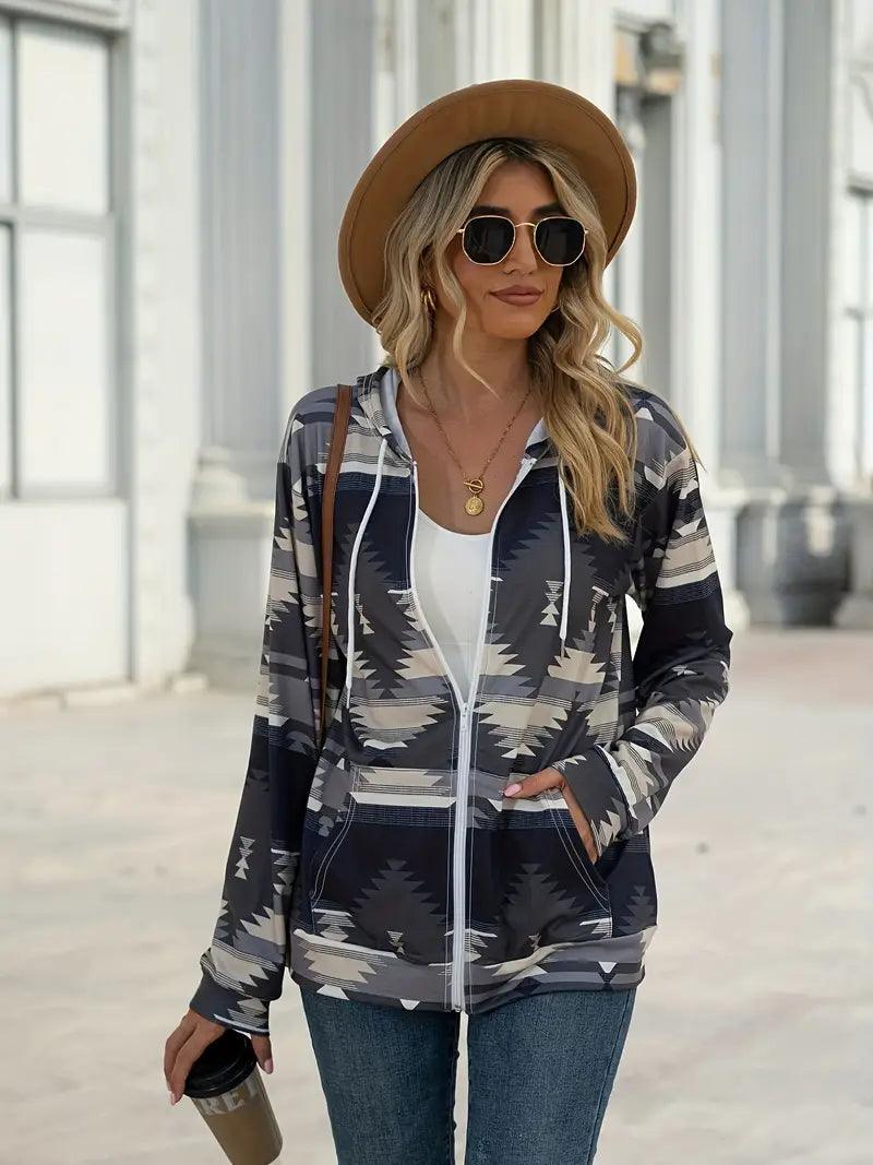 Geometric Zip Up Long Sleeve Hooded Jacket - Bona Fide Fashion