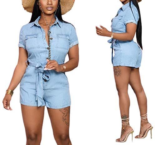 Glozeplus Jean Romper for Women Summer with Pockets Sexy Short Sleeve Denim Rompers and Jumpsuits Plus Size - Bona Fide Fashion