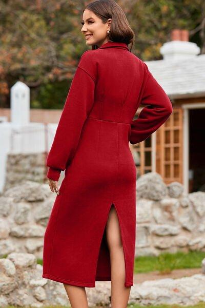 Half Zip Collared Neck Slit Midi Dress - Bona Fide Fashion