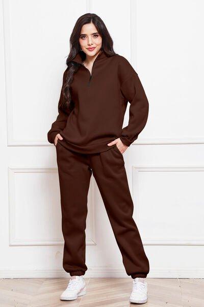 Half Zip Long Sleeve Sweatshirt and Pants Set - Bona Fide Fashion