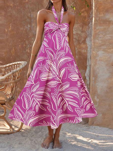 Halter Neck Printed Dress Bohemian Style Flowy Hem Dress HEDZRES27N - Bona Fide Fashion