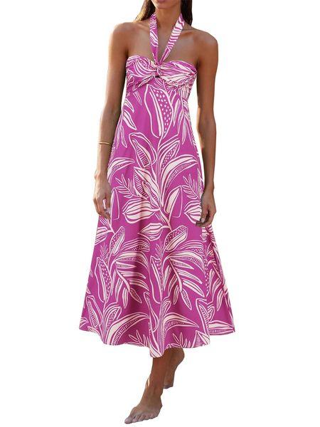 Halter Neck Printed Dress Bohemian Style Flowy Hem Dress HEDZRES27N - Bona Fide Fashion