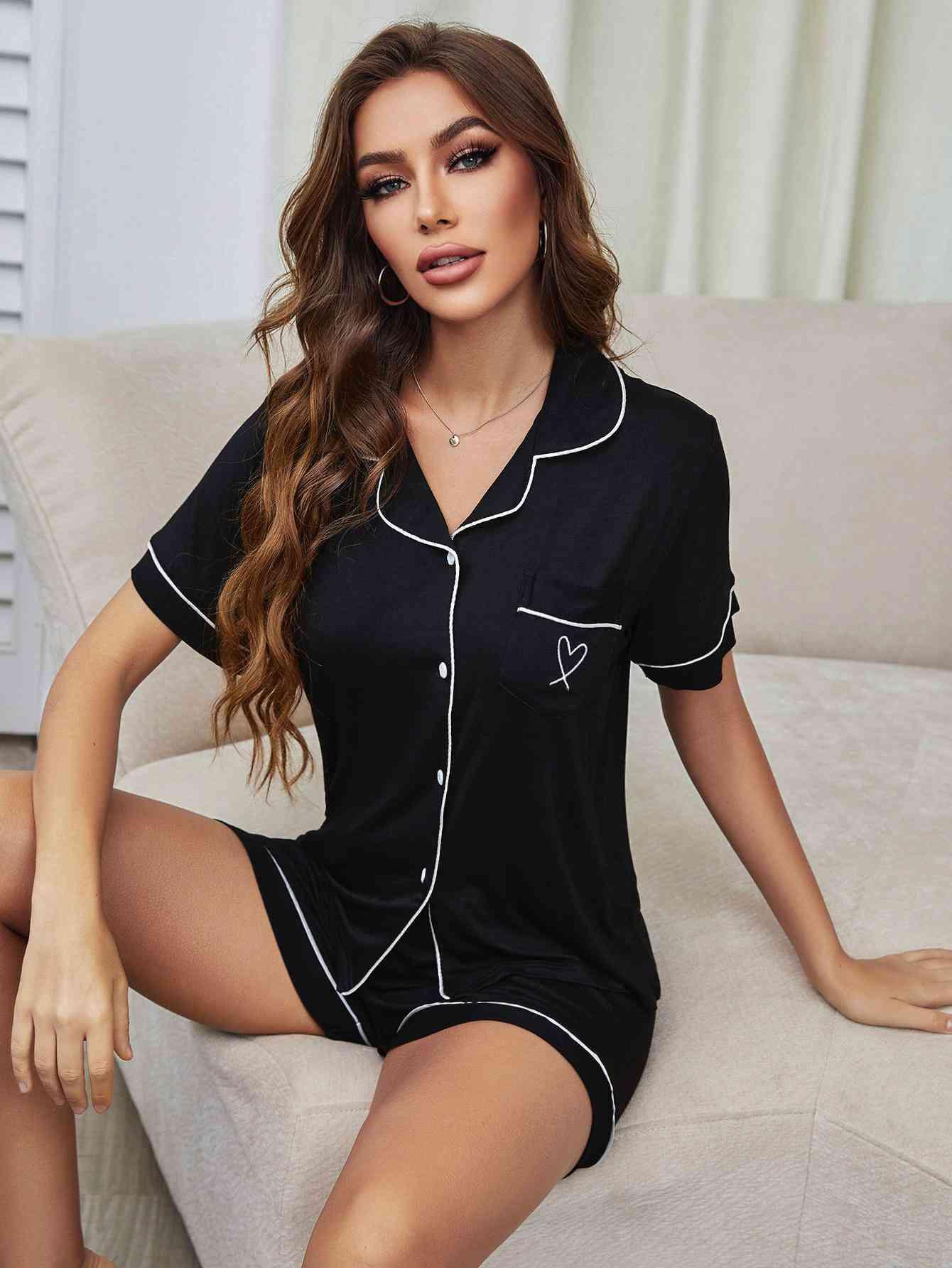 Heart Graphic Contrast Piping Top and Shorts Pajama Set - Bona Fide Fashion
