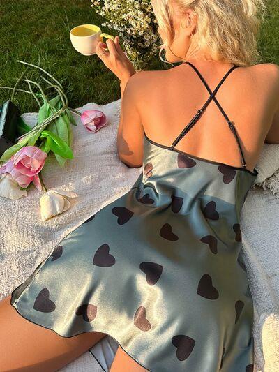Heart Print Contrast Cami Lounge Dress - Bona Fide Fashion