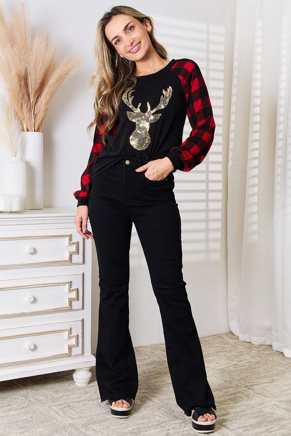 Heimish Full Size Sequin Reindeer Graphic Plaid Top - Bona Fide Fashion