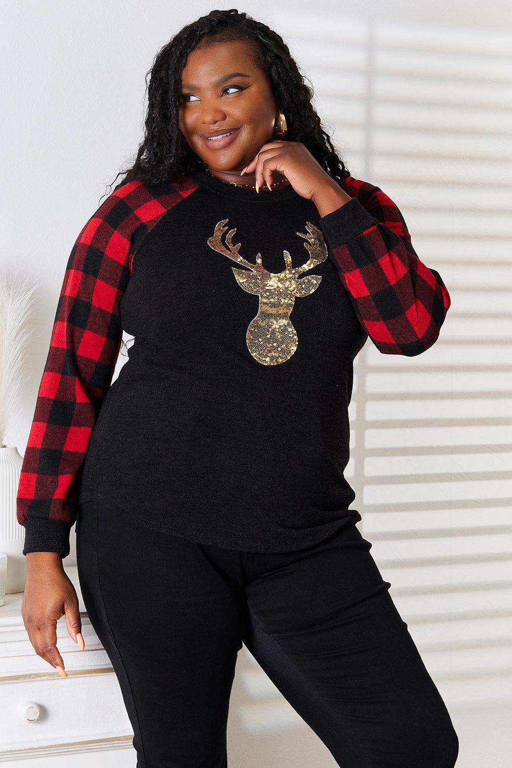 Heimish Full Size Sequin Reindeer Graphic Plaid Top - Bona Fide Fashion