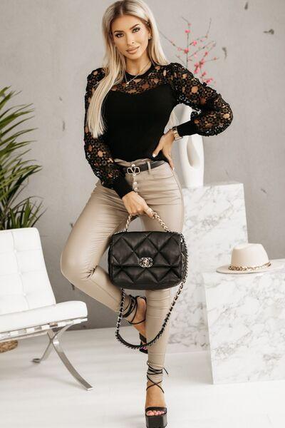 Hollowed Floral Lace Spliced Long Sleeve Blouse - Bona Fide Fashion