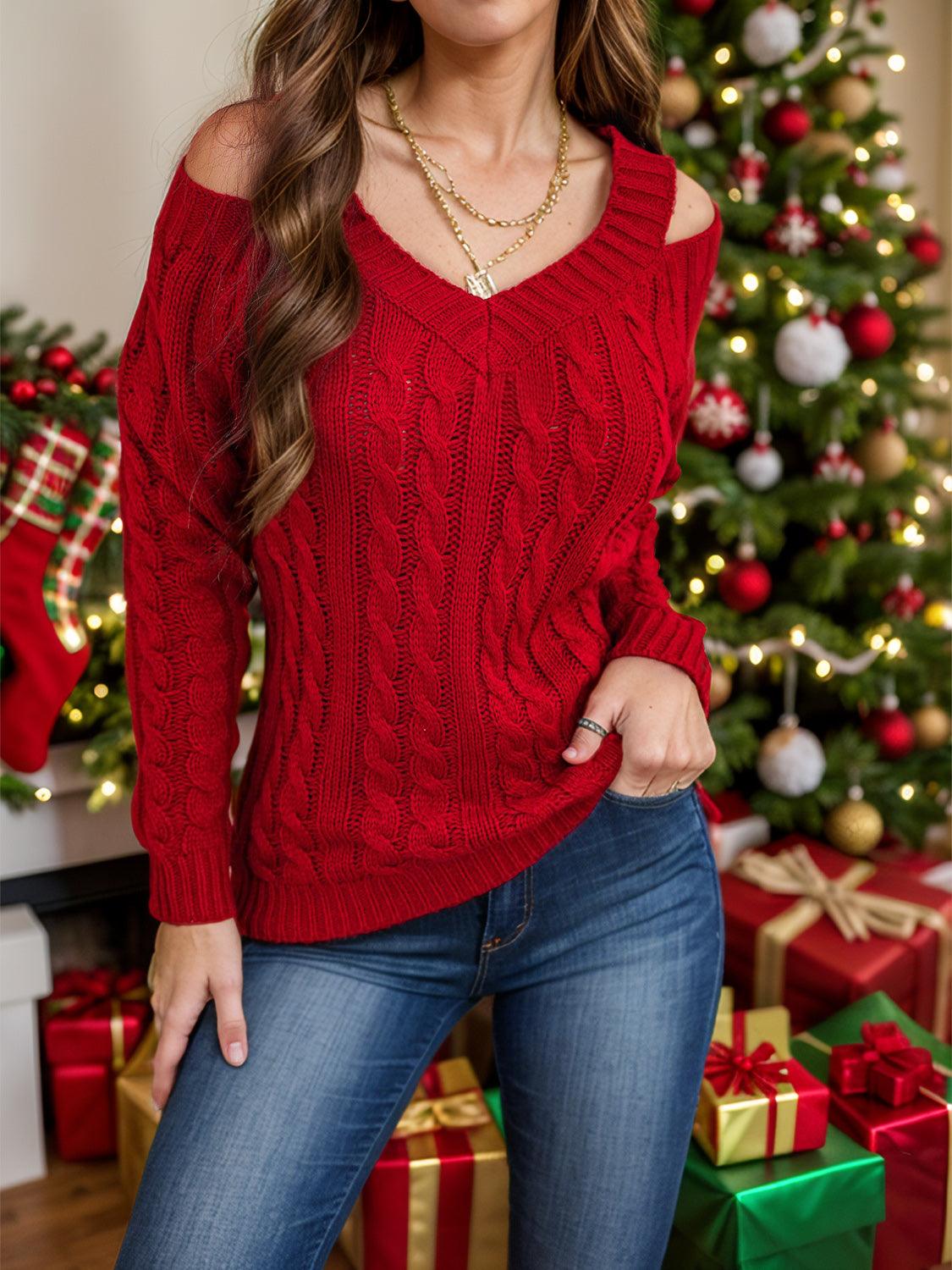 Honey Cable-Knit V-Neck Cold Shoulder Sweater - Bona Fide Fashion