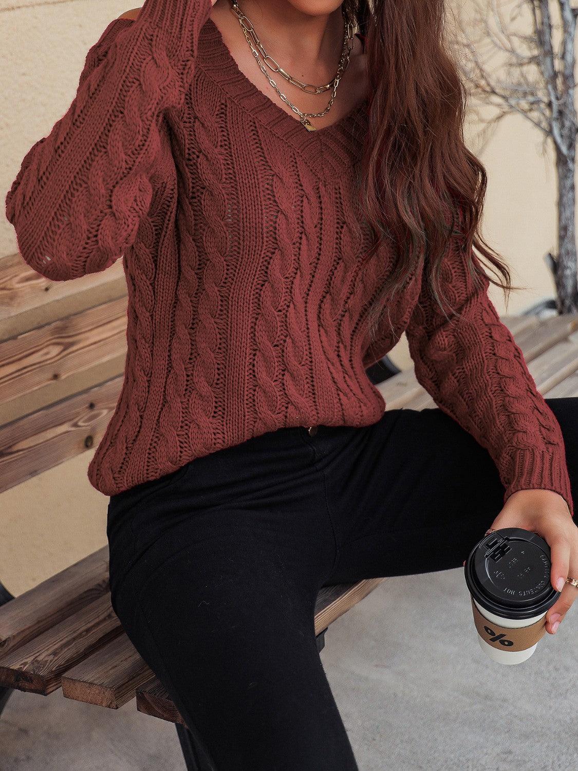 Honey Cable-Knit V-Neck Cold Shoulder Sweater - Bona Fide Fashion