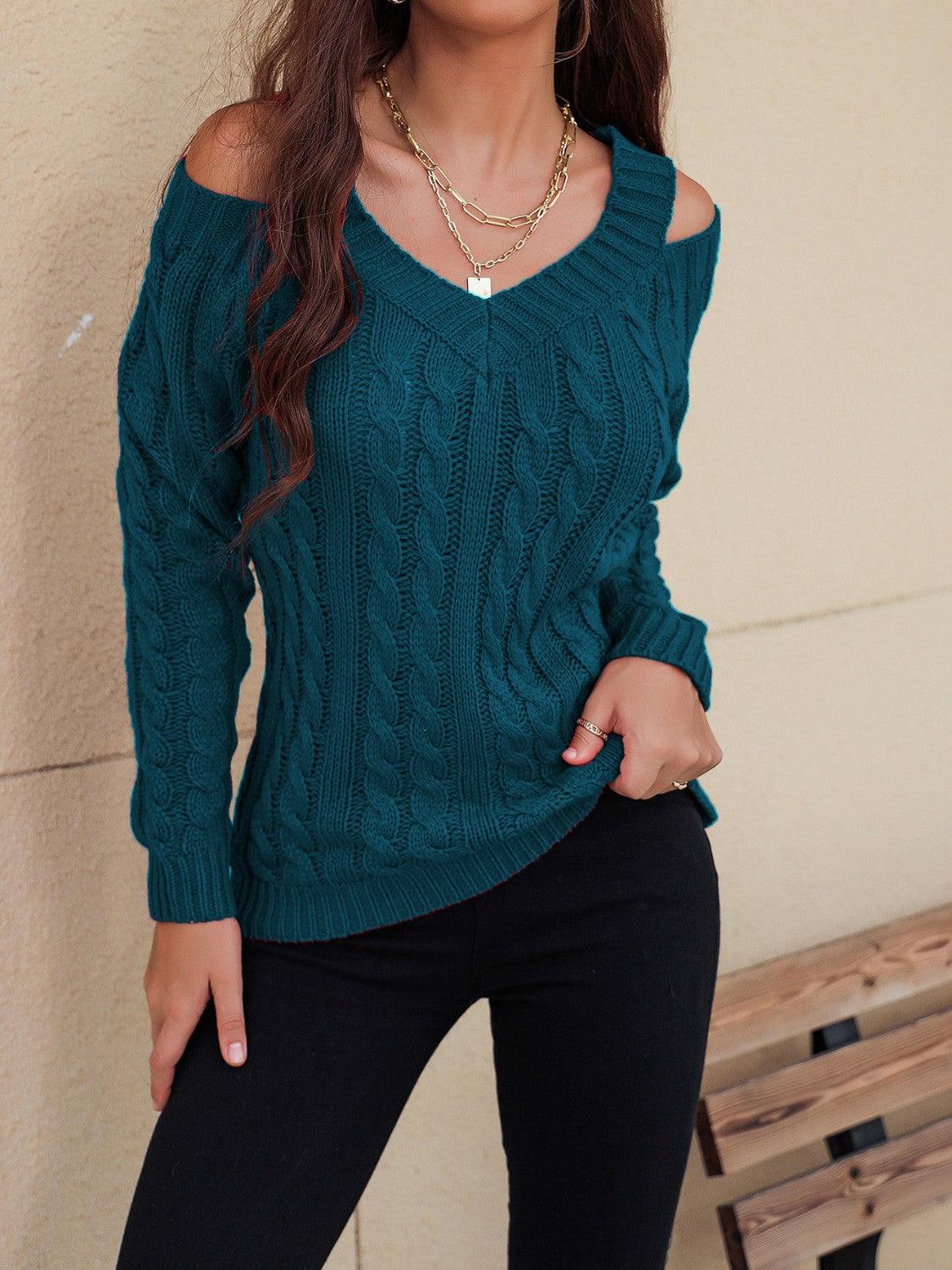 Honey Cable-Knit V-Neck Cold Shoulder Sweater - Bona Fide Fashion