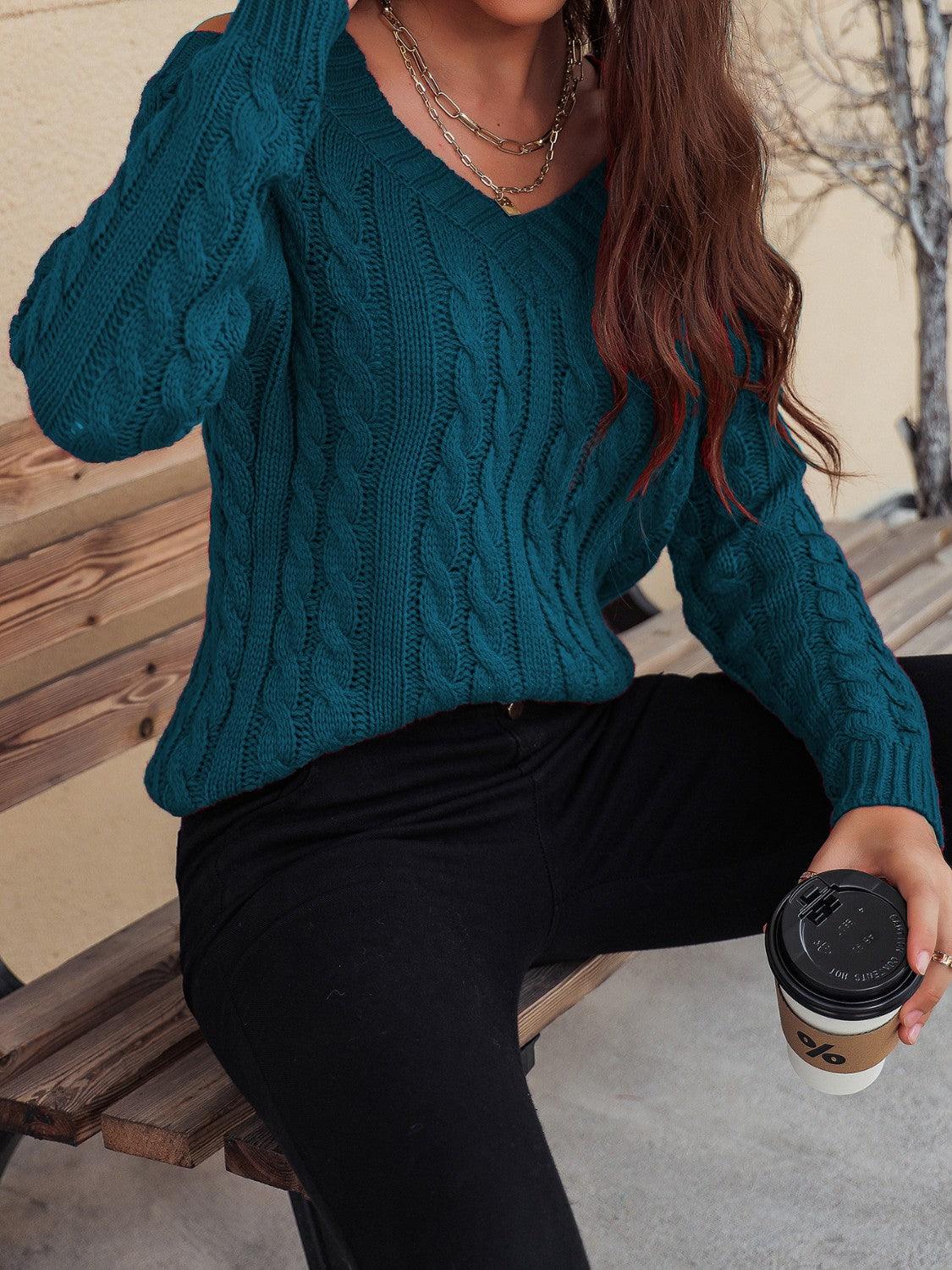 Honey Cable-Knit V-Neck Cold Shoulder Sweater - Bona Fide Fashion