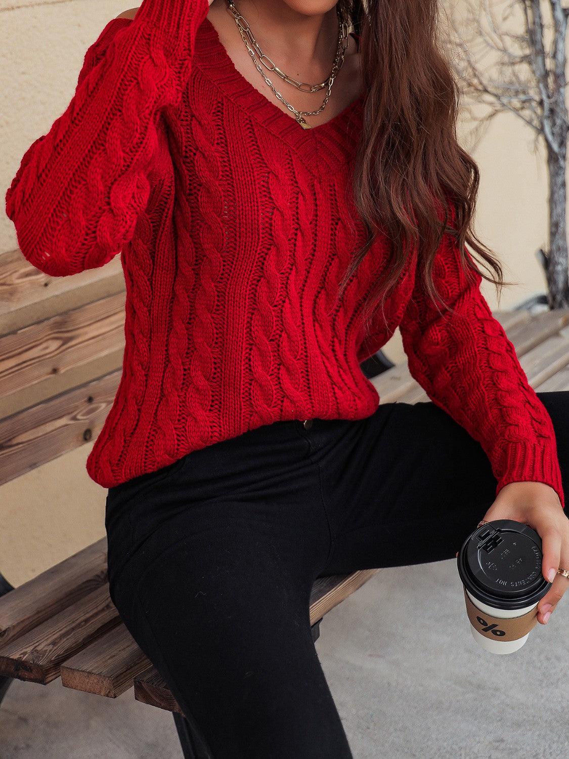 Honey Cable-Knit V-Neck Cold Shoulder Sweater - Bona Fide Fashion