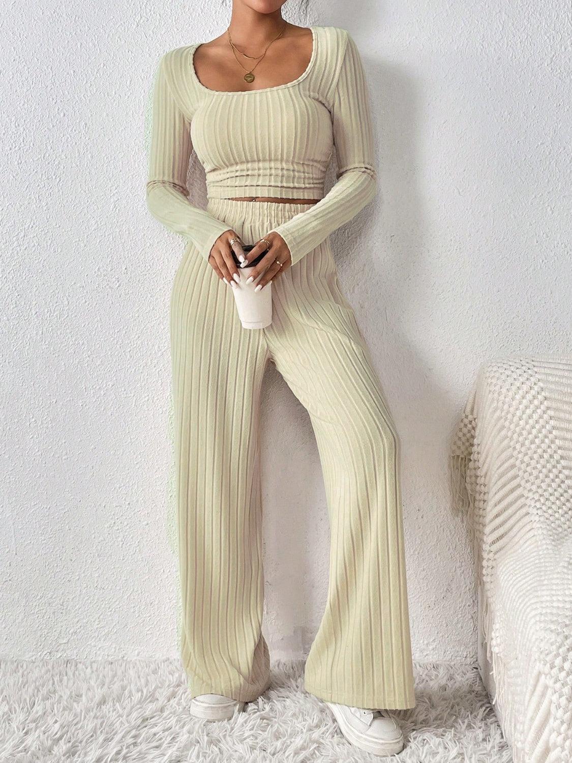 Honey Scoop Neck Long Sleeve Top and Pants Set - Bona Fide Fashion