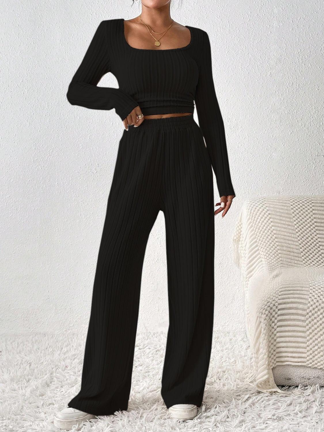 Honey Scoop Neck Long Sleeve Top and Pants Set - Bona Fide Fashion