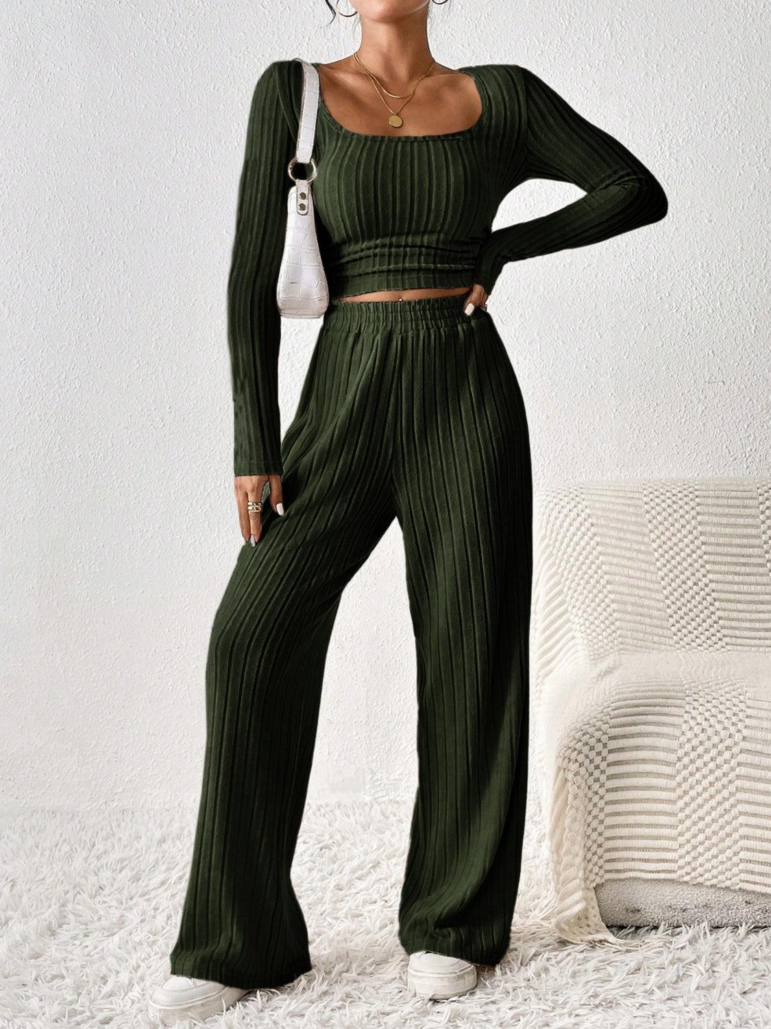 Honey Scoop Neck Long Sleeve Top and Pants Set - Bona Fide Fashion