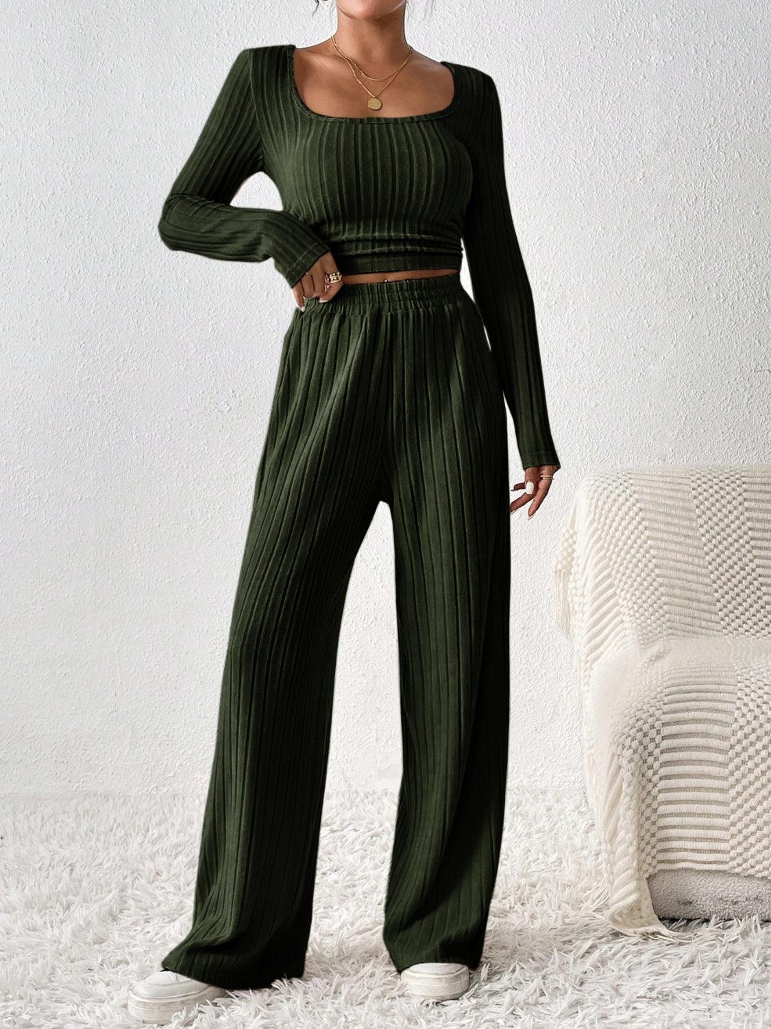 Honey Scoop Neck Long Sleeve Top and Pants Set - Bona Fide Fashion