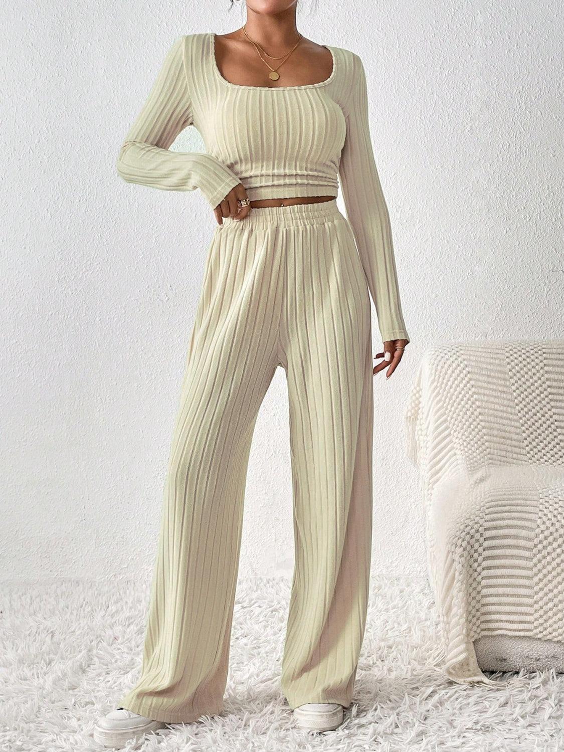 Honey Scoop Neck Long Sleeve Top and Pants Set - Bona Fide Fashion