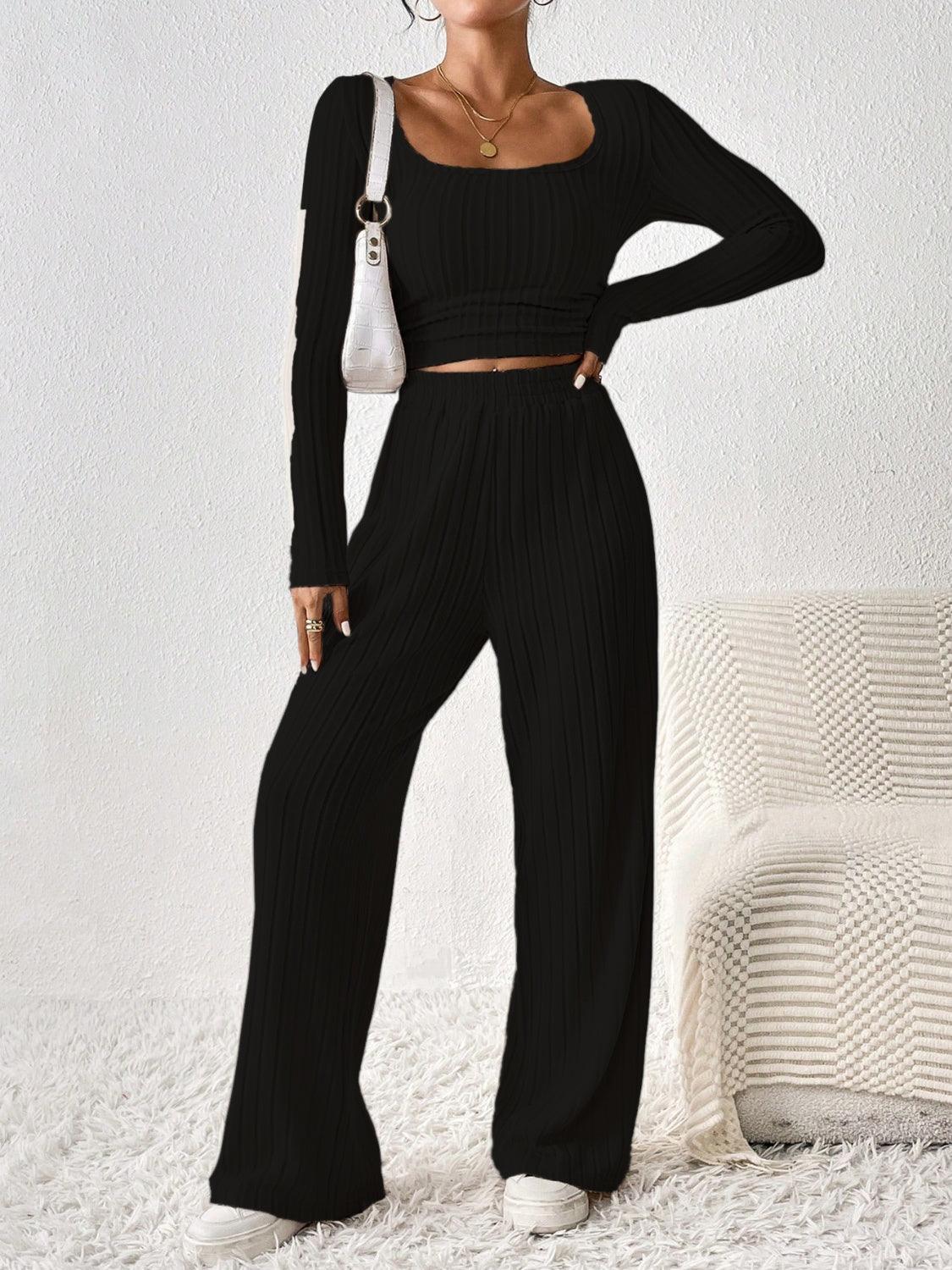 Honey Scoop Neck Long Sleeve Top and Pants Set - Bona Fide Fashion