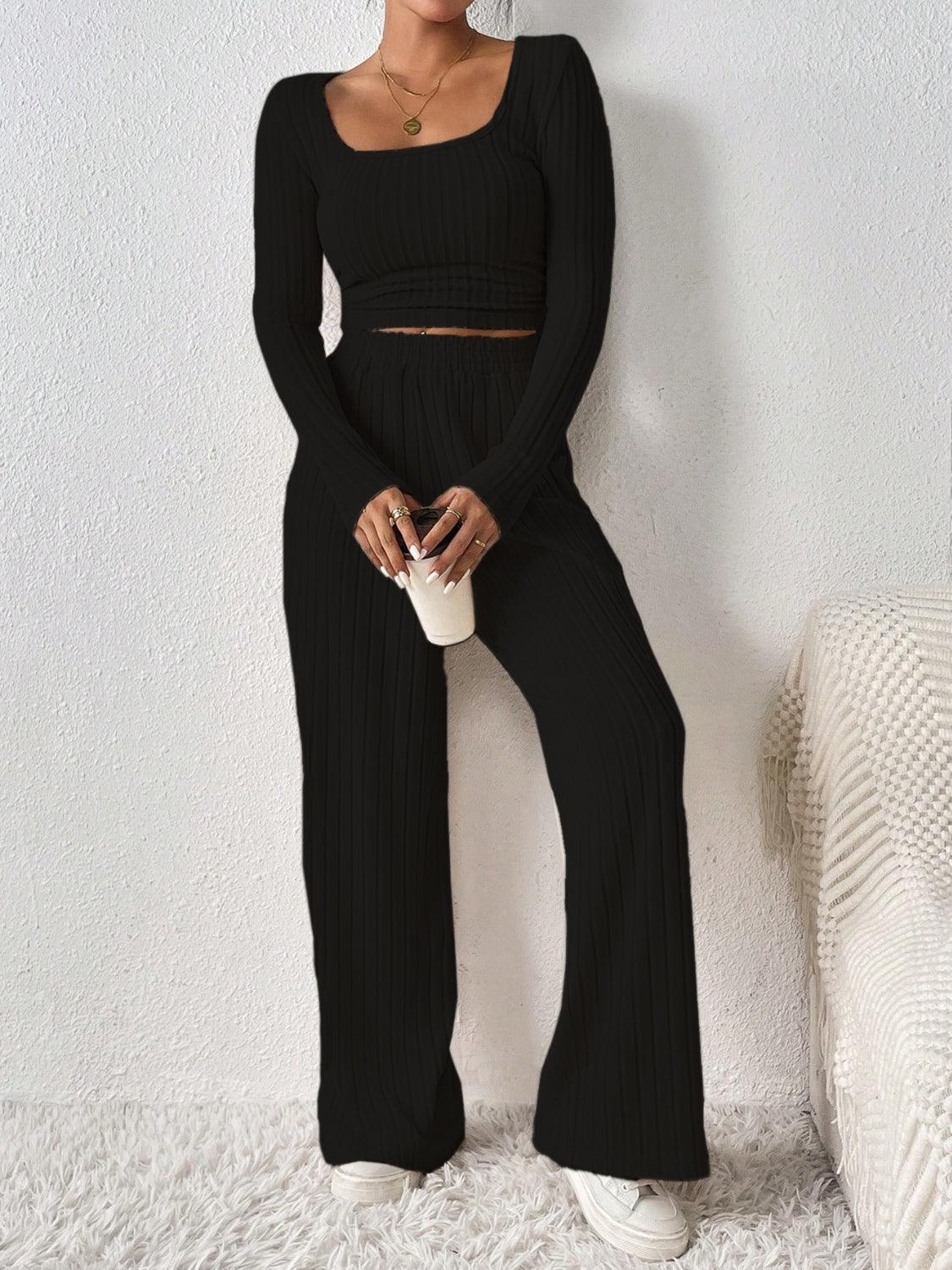 Honey Scoop Neck Long Sleeve Top and Pants Set - Bona Fide Fashion