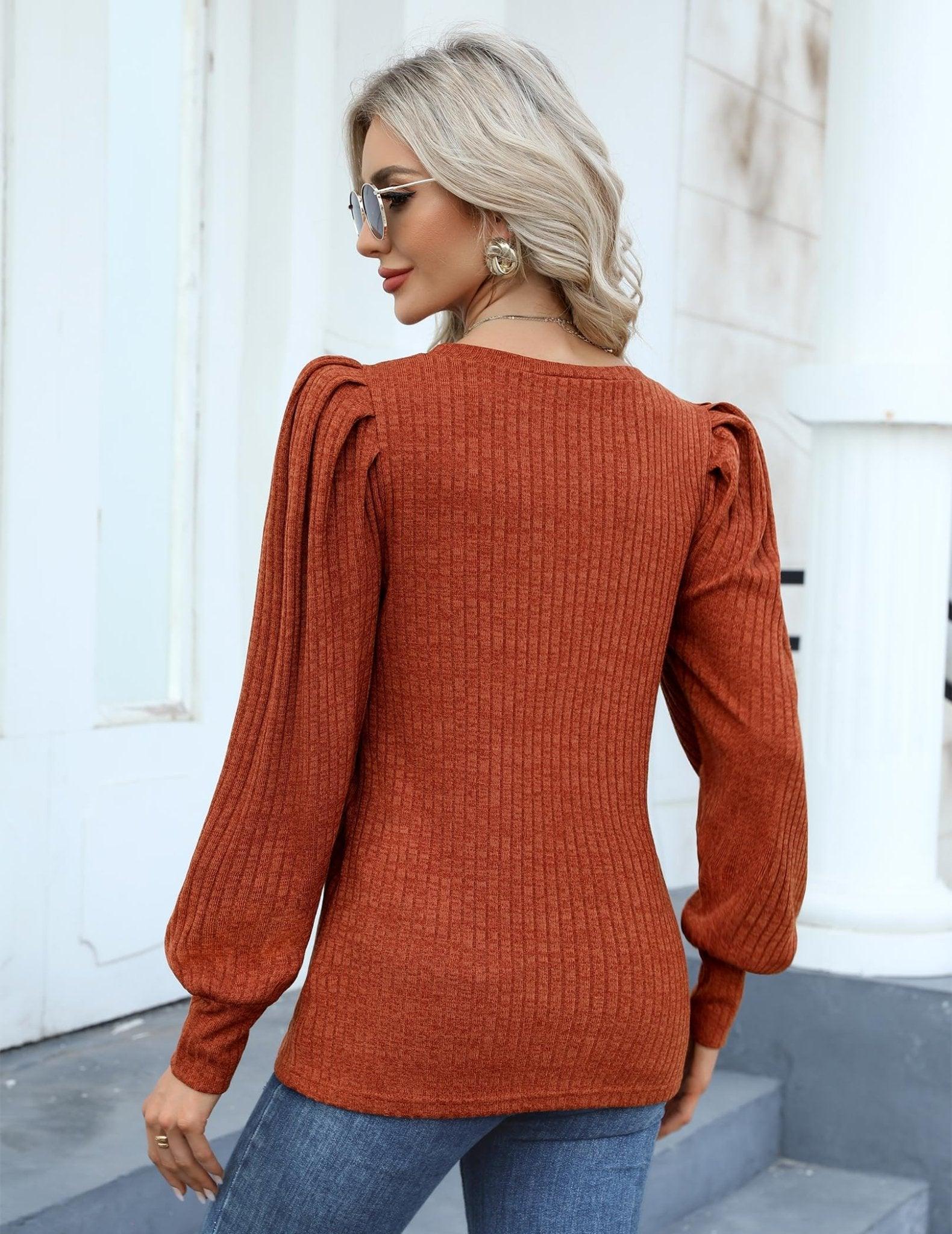 HOTOUCH Ladies Knitted Shirts Cute Puff Long Sleeve Blouse Tops Soft Round Neck Work Tunic Outefits Caramel M - Bona Fide Fashion