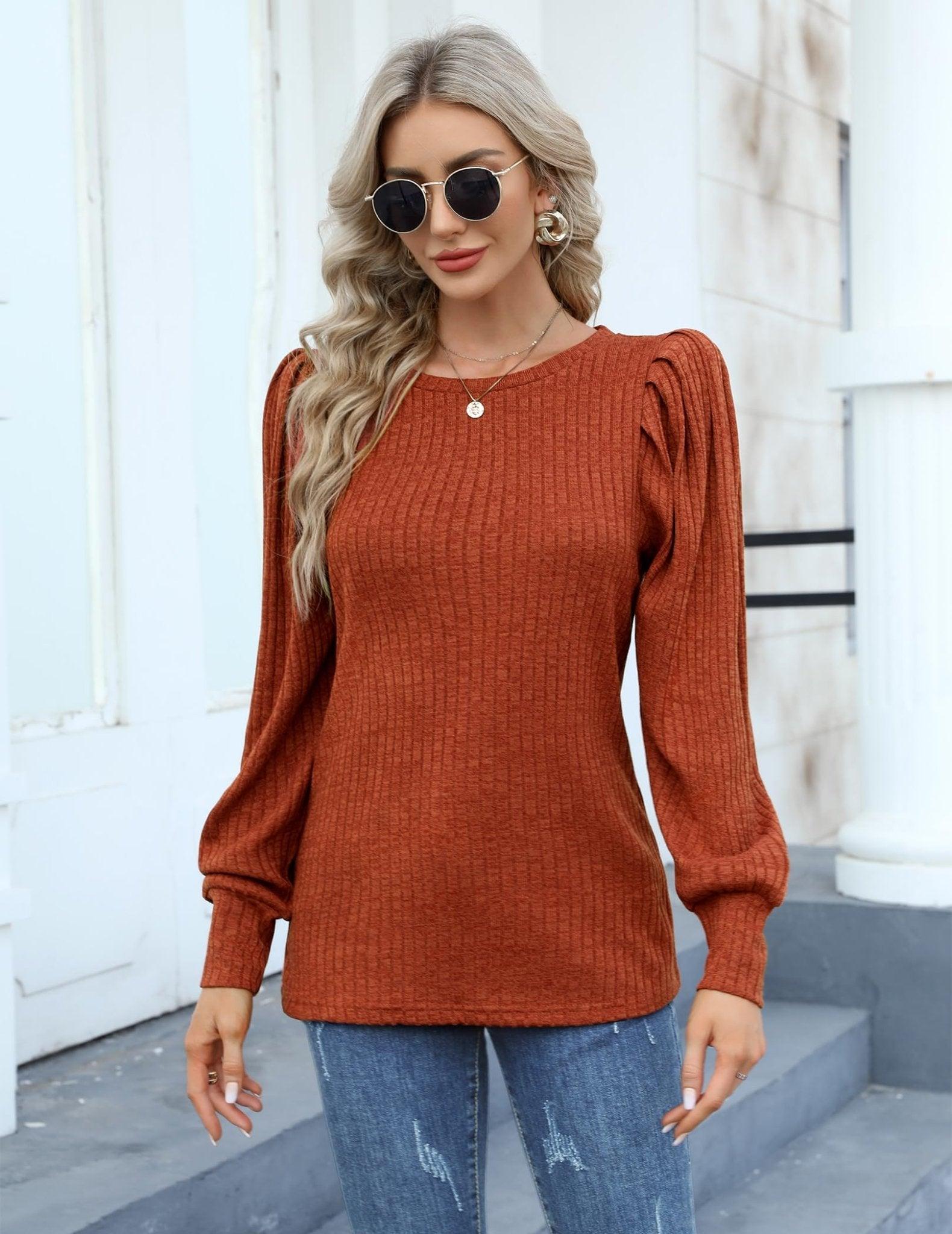 HOTOUCH Ladies Knitted Shirts Cute Puff Long Sleeve Blouse Tops Soft Round Neck Work Tunic Outefits Caramel M - Bona Fide Fashion