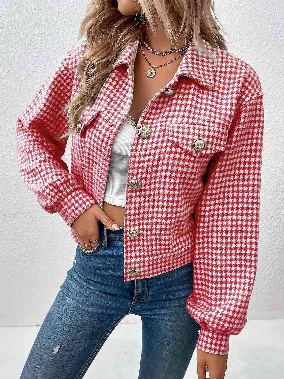 Houndstooth Collared Neck Button Up Jacket - Bona Fide Fashion