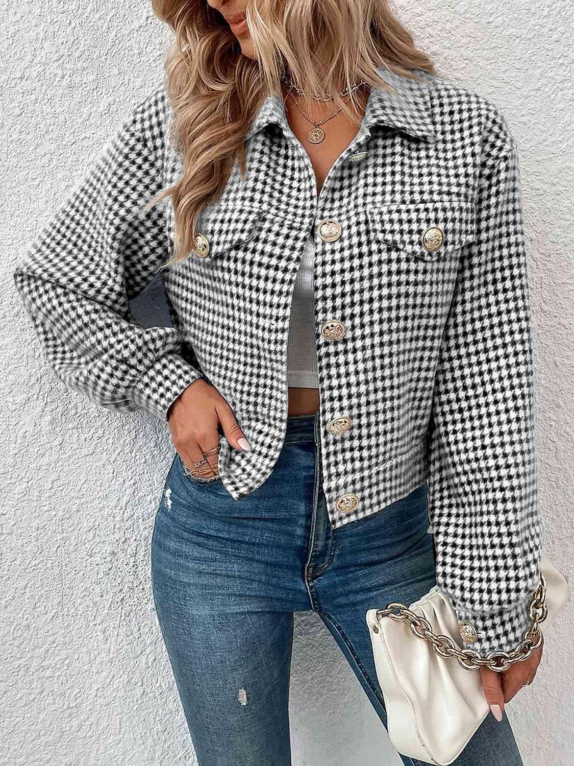 Houndstooth Collared Neck Button Up Jacket - Bona Fide Fashion