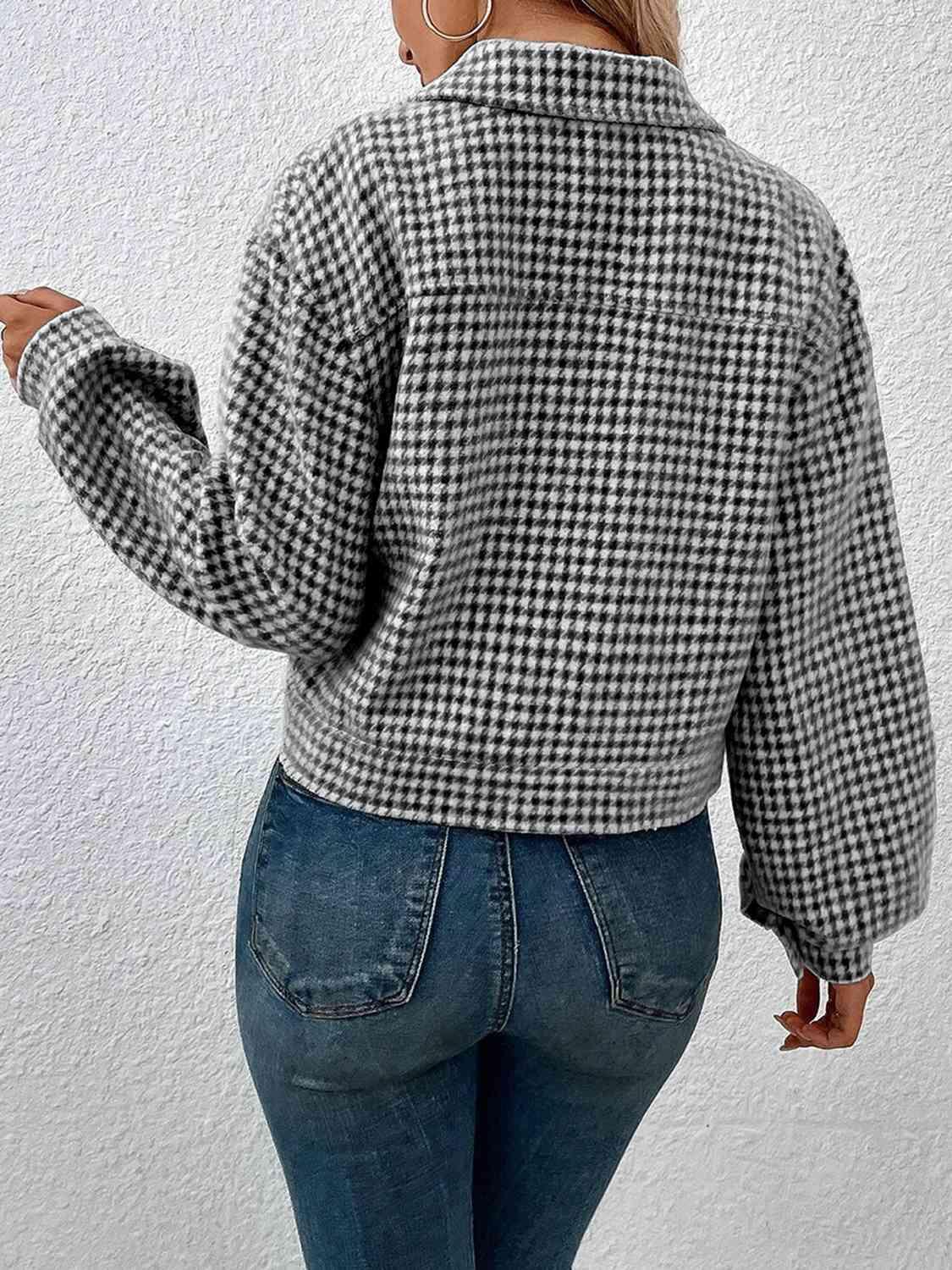 Houndstooth Collared Neck Button Up Jacket - Bona Fide Fashion