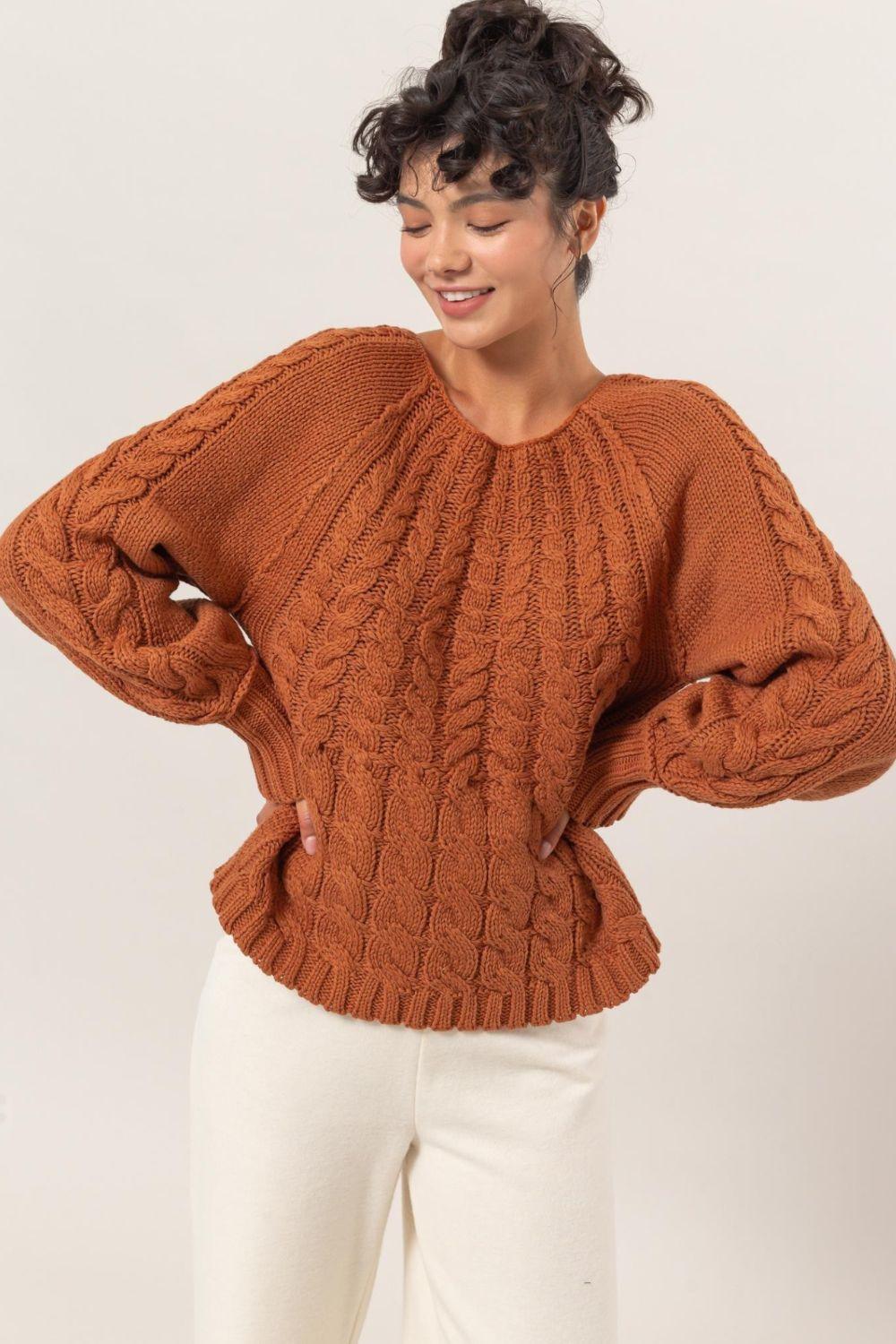 HYFVE Cable-Knit Round Neck Raglan Sleeve Sweater - Bona Fide Fashion