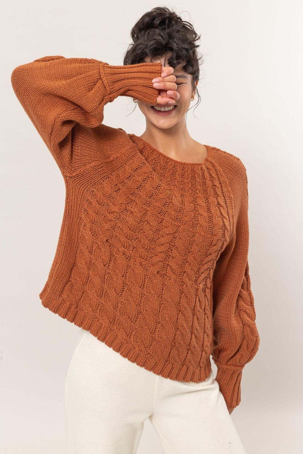 HYFVE Cable-Knit Round Neck Raglan Sleeve Sweater - Bona Fide Fashion