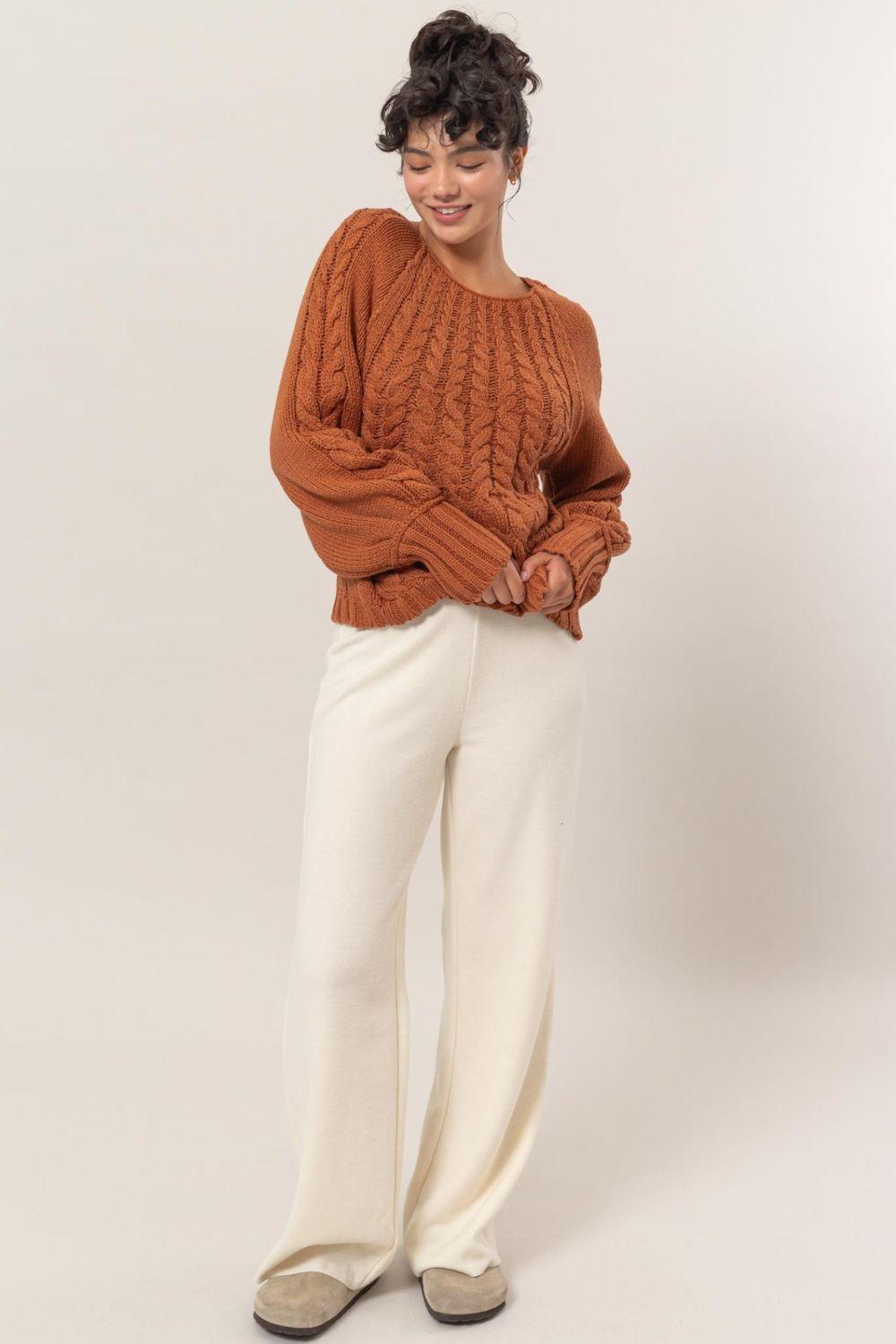 HYFVE Cable-Knit Round Neck Raglan Sleeve Sweater - Bona Fide Fashion