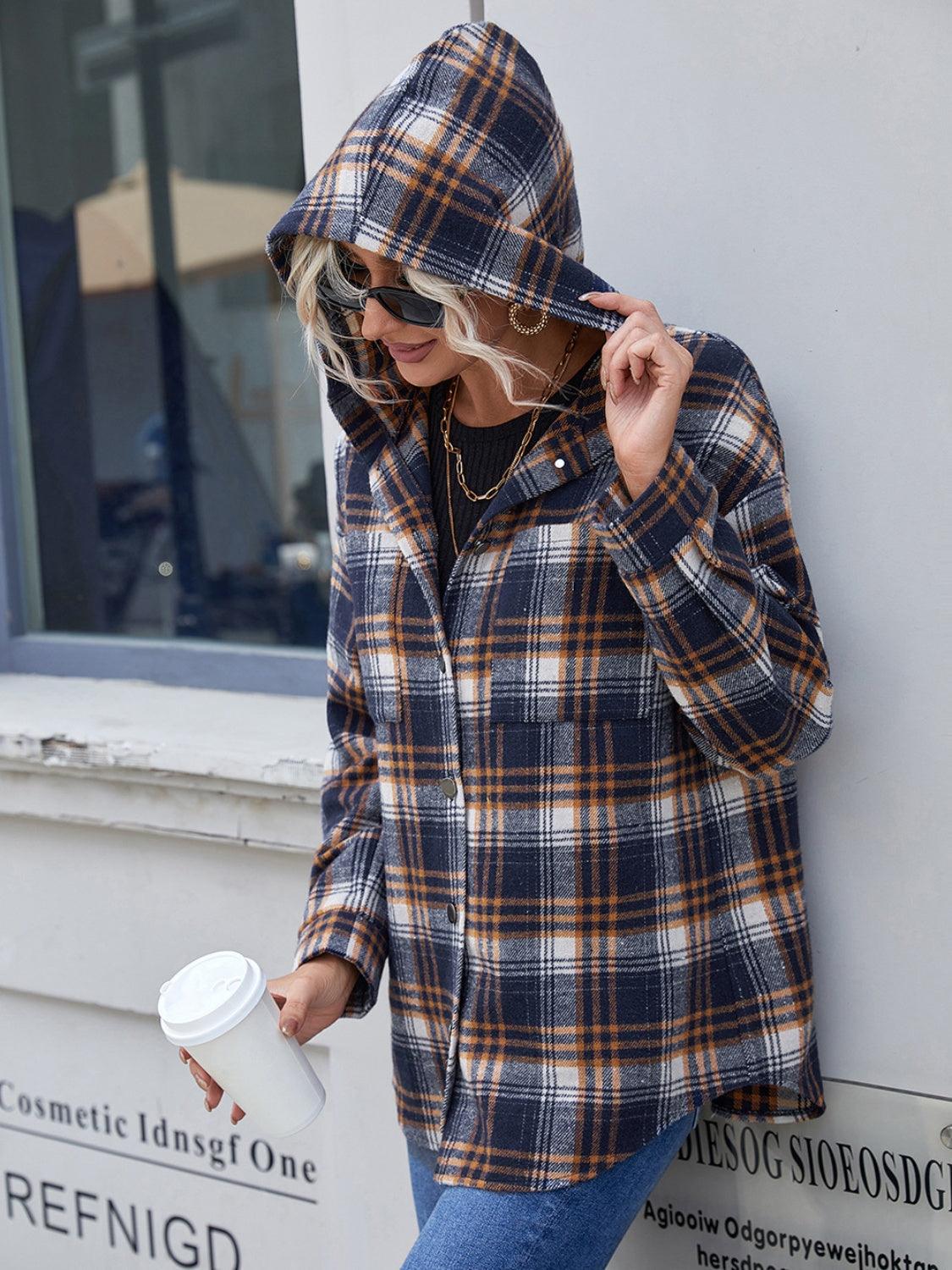 Ivy Lane Plaid Button Up Long Sleeve Hooded Jacket - Bona Fide Fashion