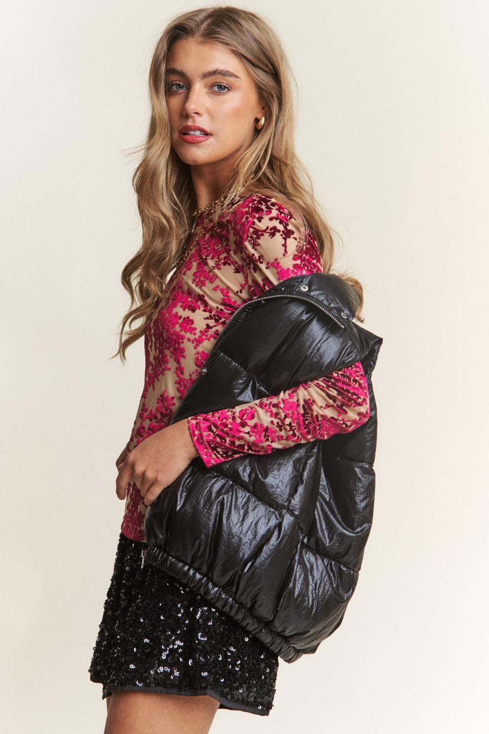 J.NNA Snap and Zipper Shiny Metallic Puffer Vest - Bona Fide Fashion