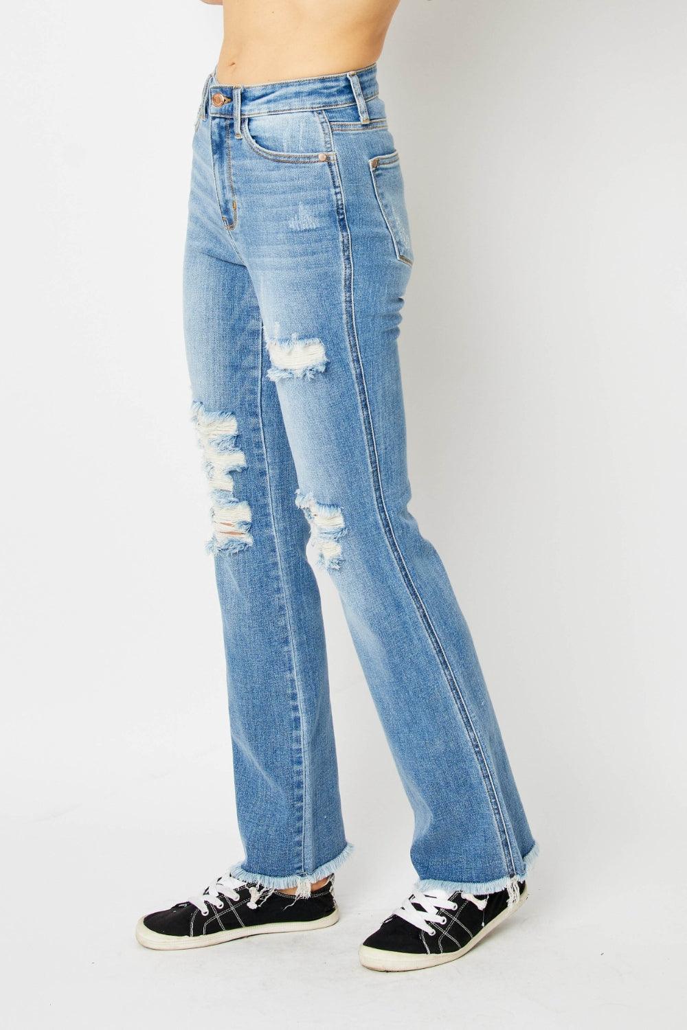 Judy Blue Full Size Distressed Raw Hem Bootcut Jeans - Bona Fide Fashion