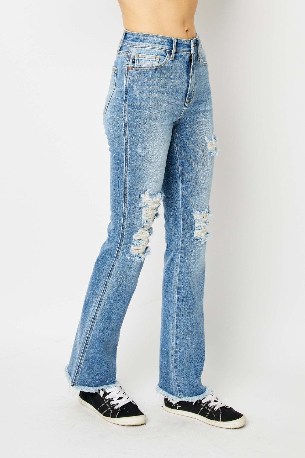 Judy Blue Full Size Distressed Raw Hem Bootcut Jeans - Bona Fide Fashion