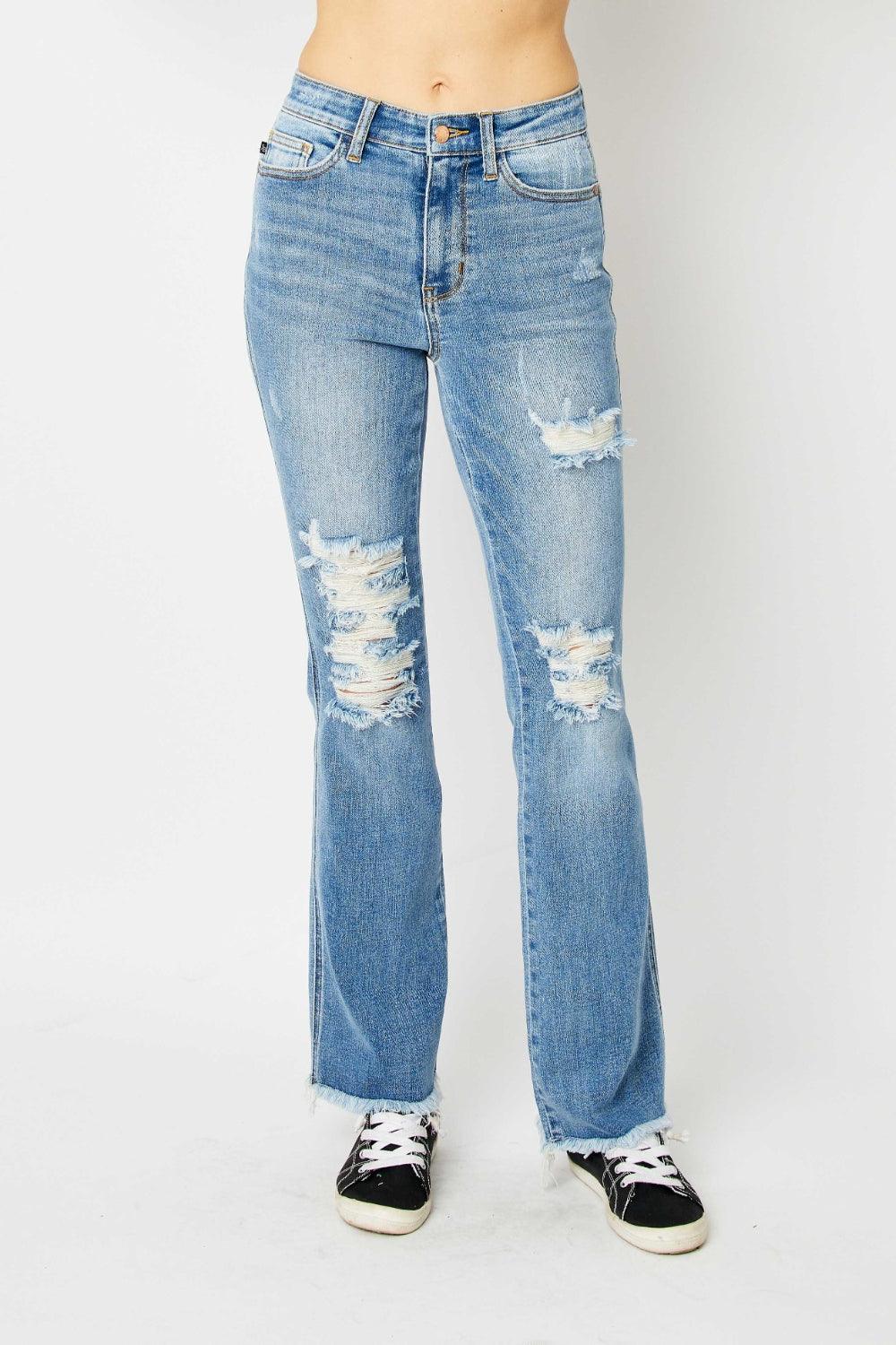 Judy Blue Full Size Distressed Raw Hem Bootcut Jeans - Bona Fide Fashion