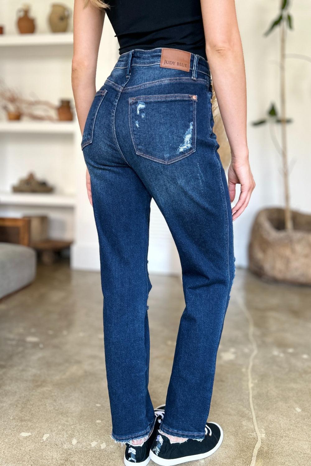 Judy Blue Full Size High Waist Rigid Magic Heavy Destroy Straight Jeans - Bona Fide Fashion