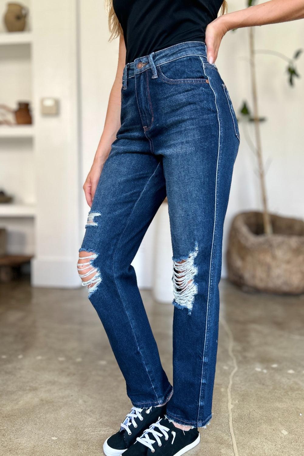 Judy Blue Full Size High Waist Rigid Magic Heavy Destroy Straight Jeans - Bona Fide Fashion