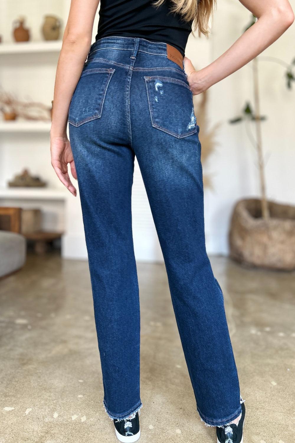 Judy Blue Full Size High Waist Rigid Magic Heavy Destroy Straight Jeans - Bona Fide Fashion