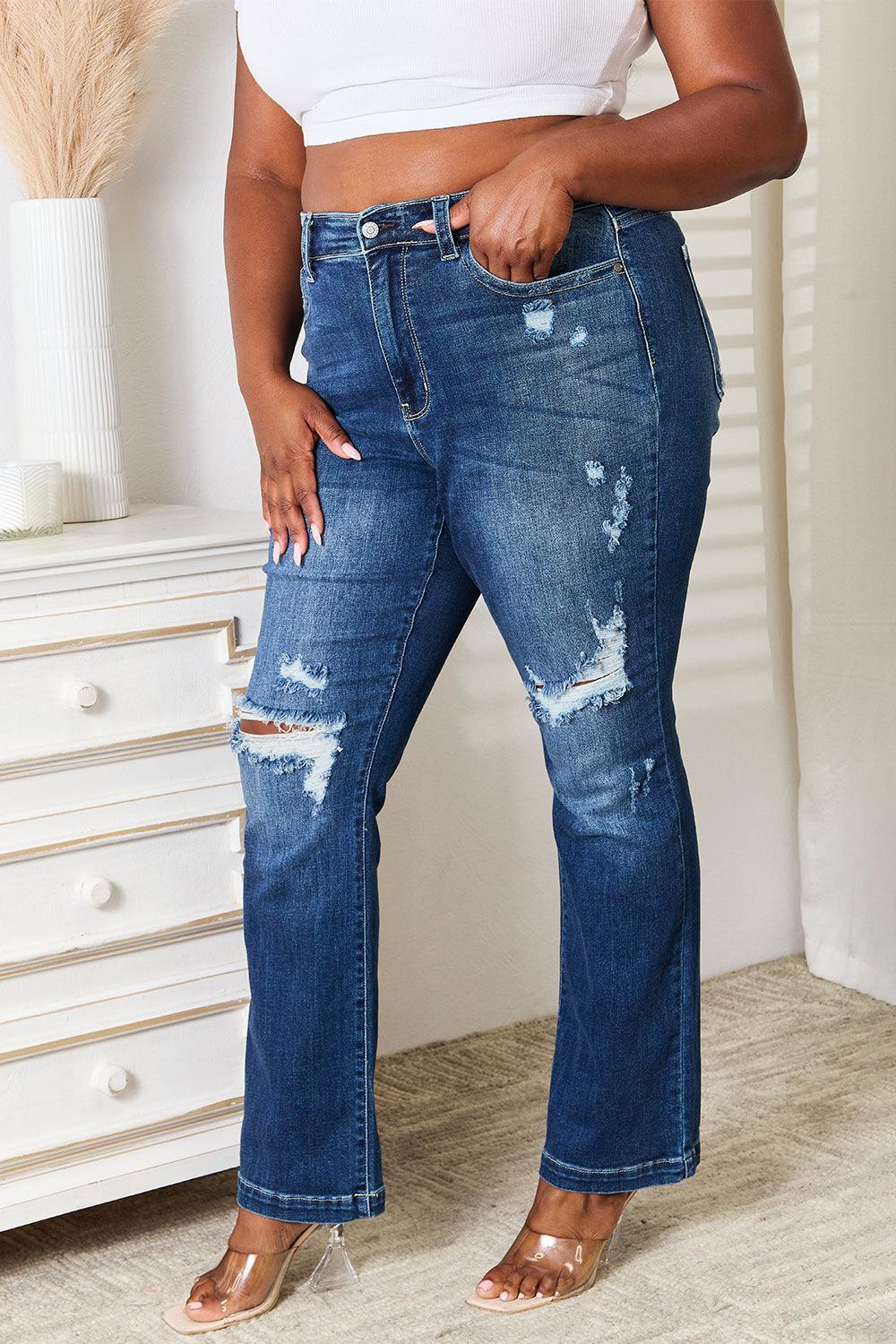 Judy Blue Full Size Mid Rise Hand Sand & Destroy Bootcut Jeans - Bona Fide Fashion