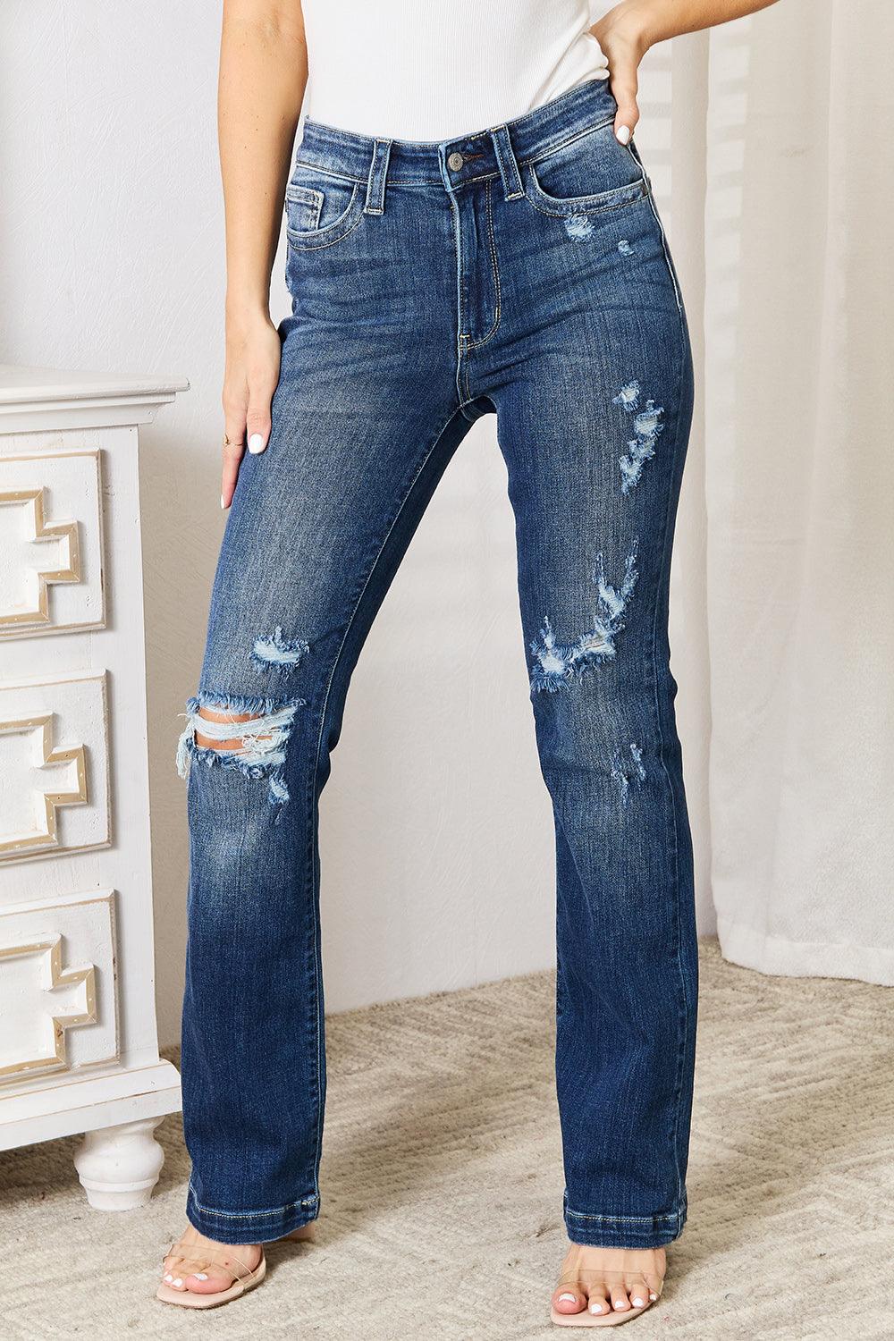 Judy Blue Full Size Mid Rise Hand Sand & Destroy Bootcut Jeans - Bona Fide Fashion