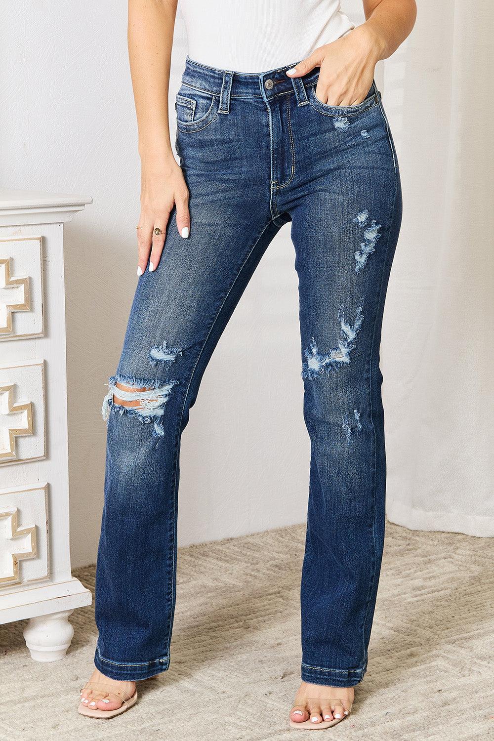 Judy Blue Full Size Mid Rise Hand Sand & Destroy Bootcut Jeans - Bona Fide Fashion