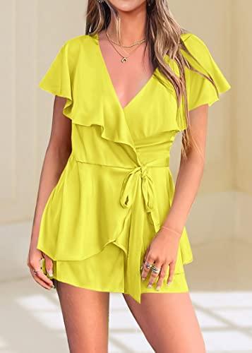 KIRUNDO Rompers For Women Summer 2024 Wrap V Neck Romper Short Sleeve Tie Waist Layer Ruffle Hem Jumpsuits Short Rompers(Yellow, Medium) - Bona Fide Fashion