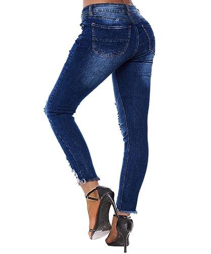 KUNMI Women's Mid Waisted Skinny Ripped Jeans Slim Fit Distressed Stretchy Denim Pants - Bona Fide Fashion