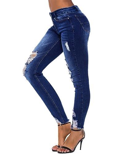 KUNMI Women's Mid Waisted Skinny Ripped Jeans Slim Fit Distressed Stretchy Denim Pants - Bona Fide Fashion