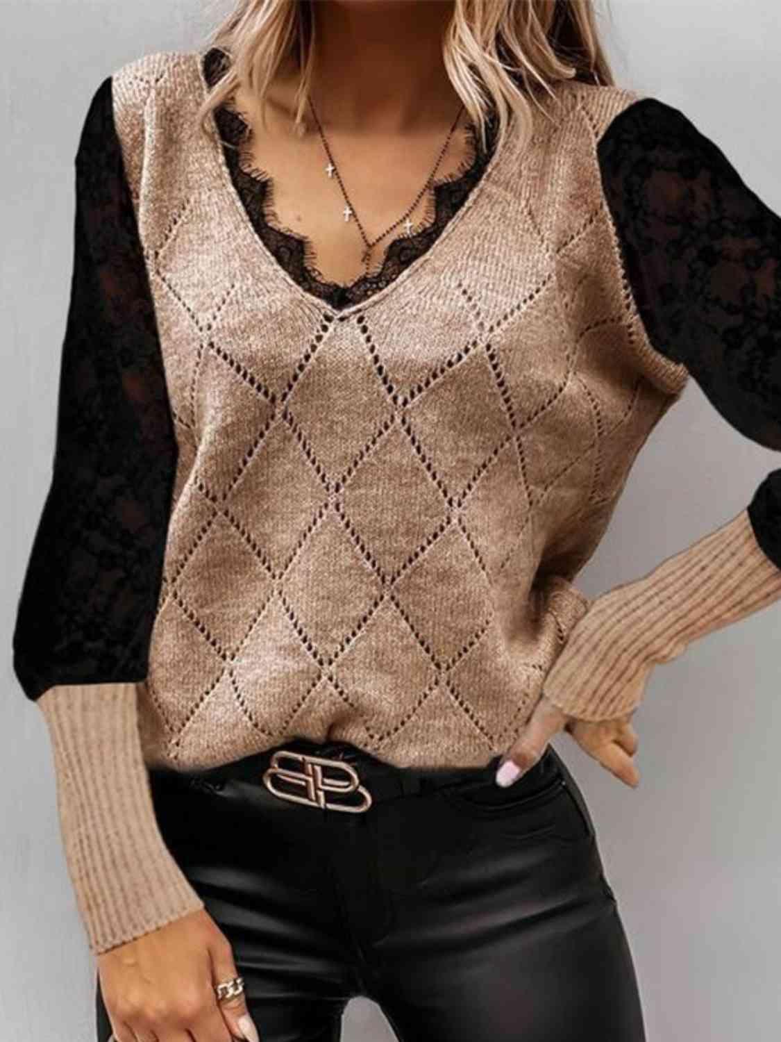 Lace Decor V Neck Two Tone Sweater - Bona Fide Fashion