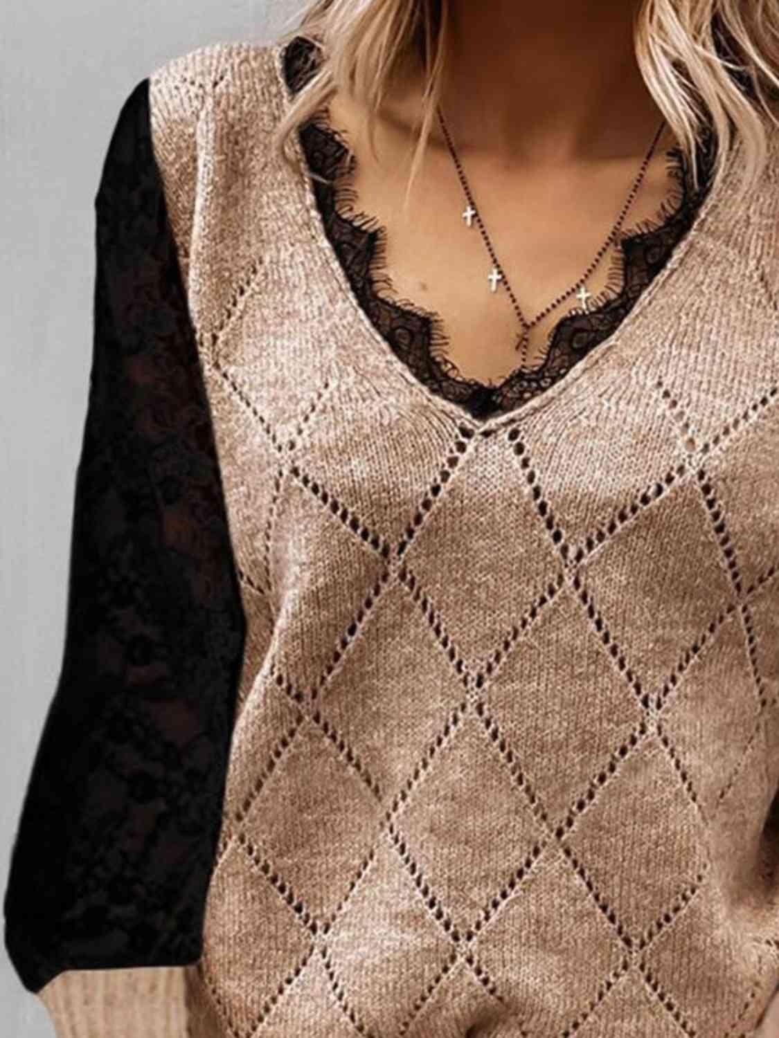 Lace Decor V Neck Two Tone Sweater - Bona Fide Fashion