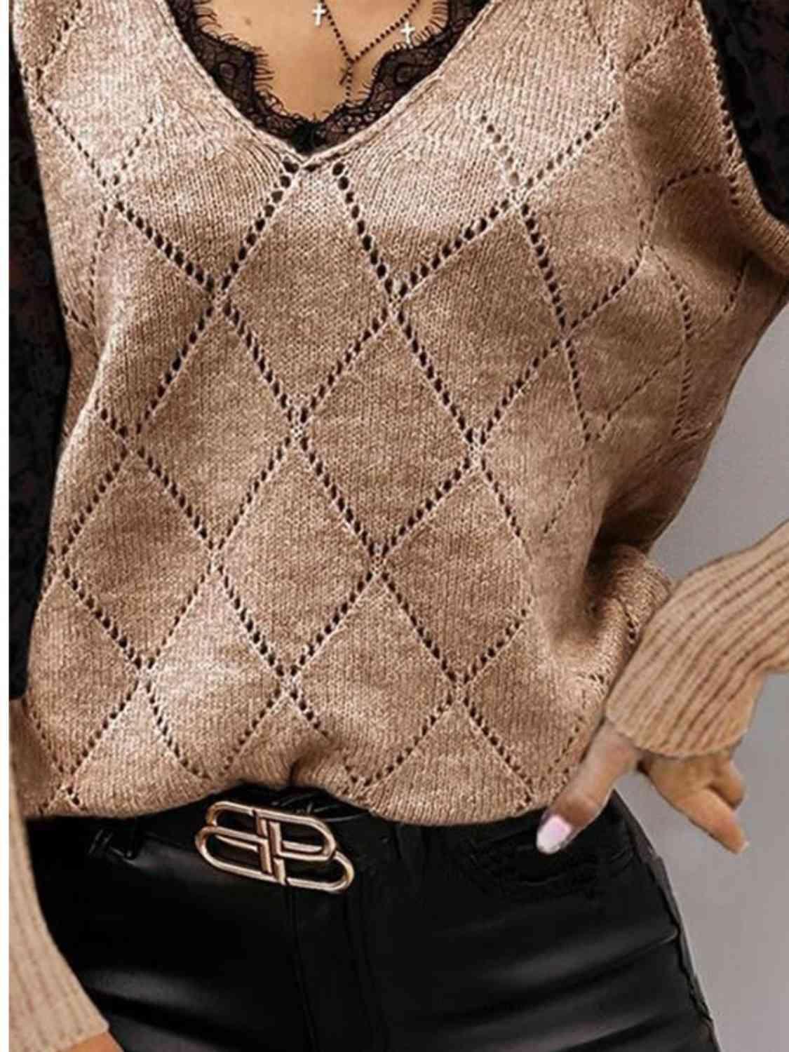 Lace Decor V Neck Two Tone Sweater - Bona Fide Fashion
